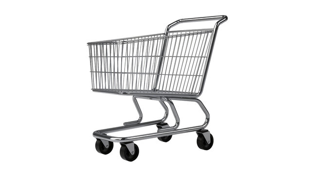 Shiny metallic shopping cart with wire basket and chrome handle
