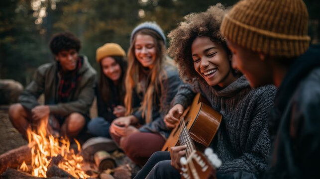 Friends gather around a fire in the woods while one plays guitar and others sing in the evening light