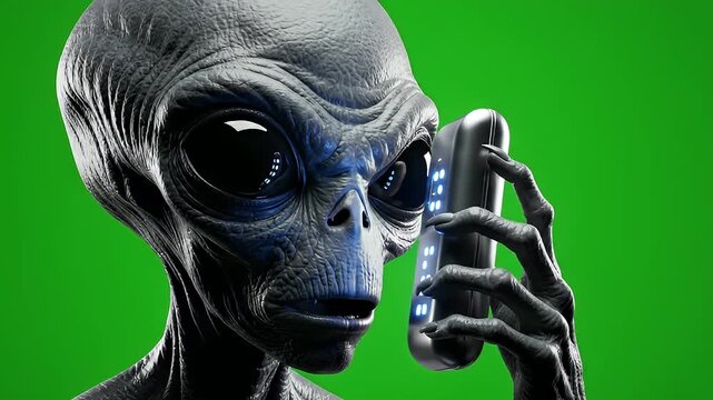 Grey alien holding futuristic device on green screen background