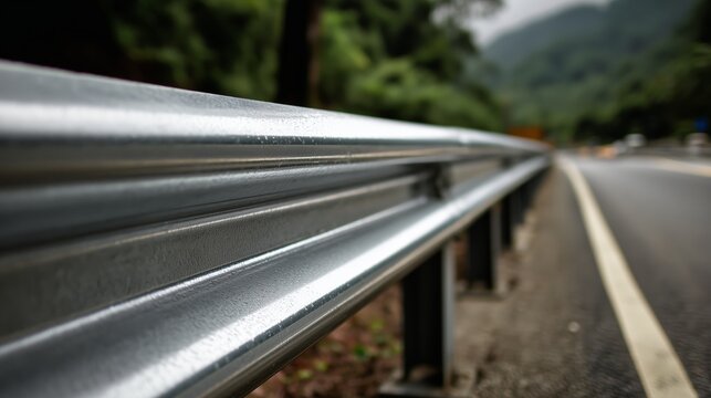 Roadside guardrail along a winding mountain road with green trees in the background and a cloudy sky above
