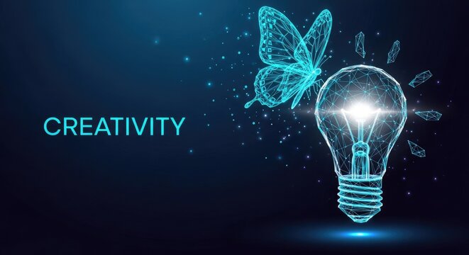 A brilliant wireframe butterfly flutters beside a glowing lightbulb emitting intense rays of light amidst a sea of scattered crystalline digital shards.