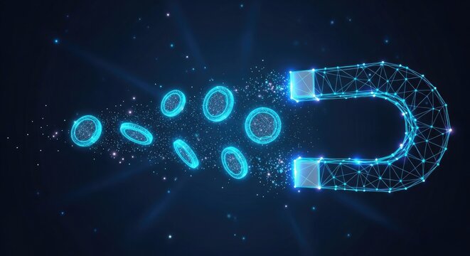 A powerful wireframe horseshoe magnet attracts multiple glowing circular coins that trail behind in a stream of vibrant light particles across the dark.