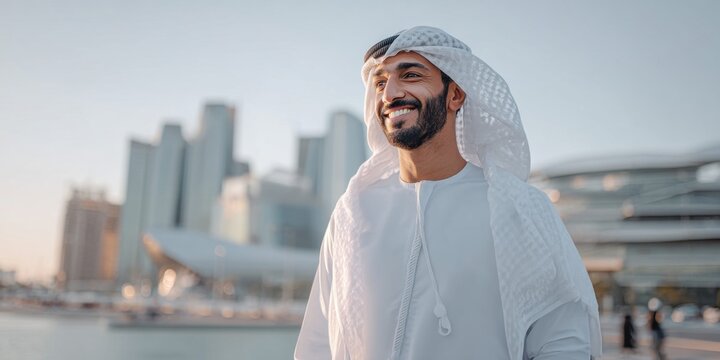 Smiling Emirati man in traditional Kandura attire with modern city skyline background