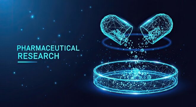 A wireframe medical capsule splits open to release glowing particles into a petri dish below while illuminated by a soft circular light ring in the dark.