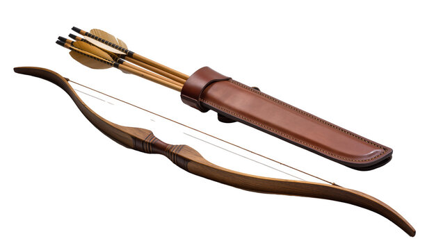 Wooden recurve bow with three arrows and brown leather quiver