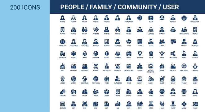 People icons collection organizes diverse social roles and community relationships into a structured grid.