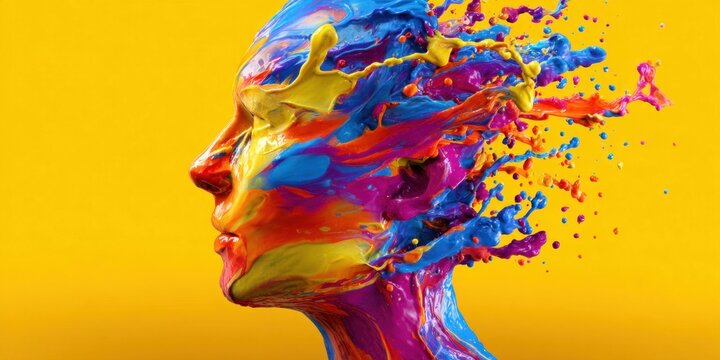 Explosion of vibrant liquid paint forming a human profile against a bright yellow background