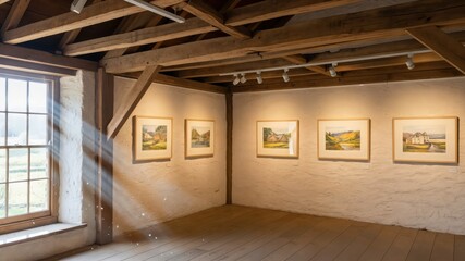 Fototapeta premium Rustic heritage art gallery exhibition in a historic barn with landscape paintings and sunlight