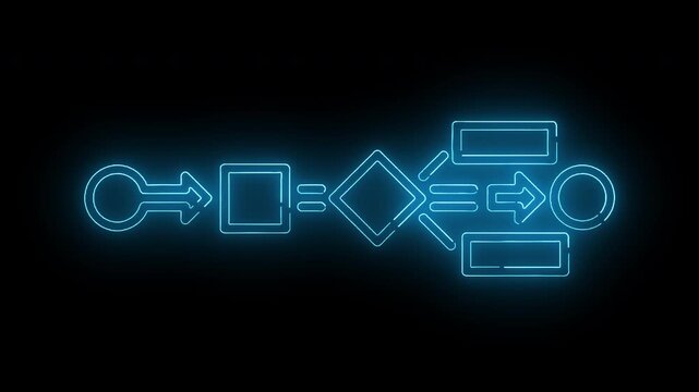 Neon-lit flowchart diagram with glowing blue lines and symbols on a black background.