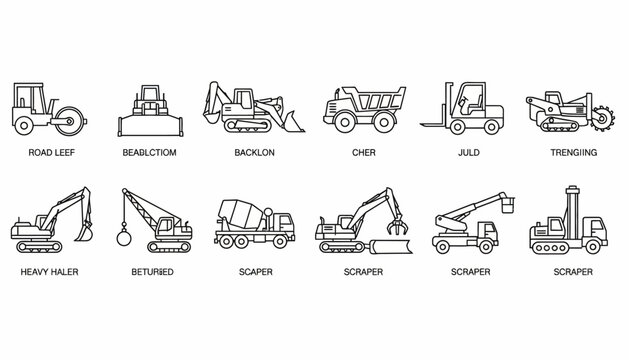 Construction machinery icons display a collection of heavy equipment used for building and earthmoving projects.
