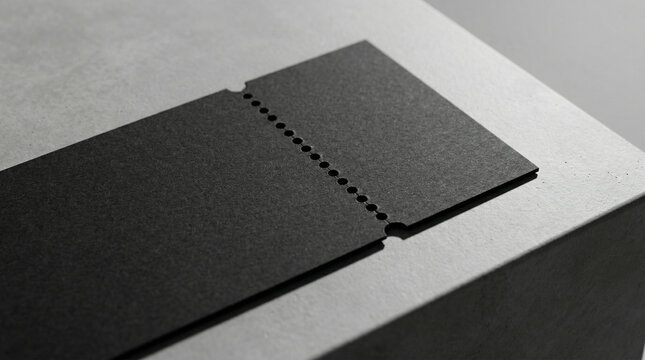 Blank black paper event ticket mockup with a perforated stub on a sleek minimalist grey concrete surface