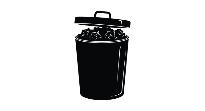A black silhouette of a full wastebasket with an open lid suggesting discarded materials high quality