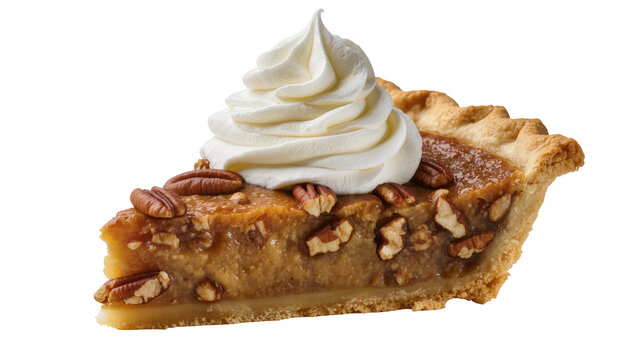 Pecan pie slice with whipped cream topping and pecan nuts