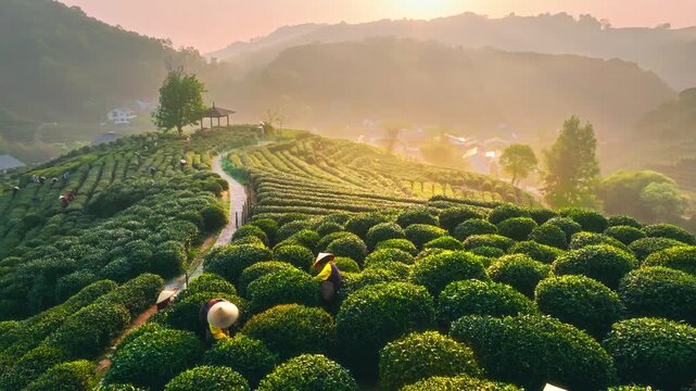 Tea Pickers in a Lush Green Landscape at Sunrise