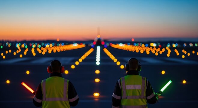 Male airport ground crew marshallers using light wands to guide airplane on runway at night for safety