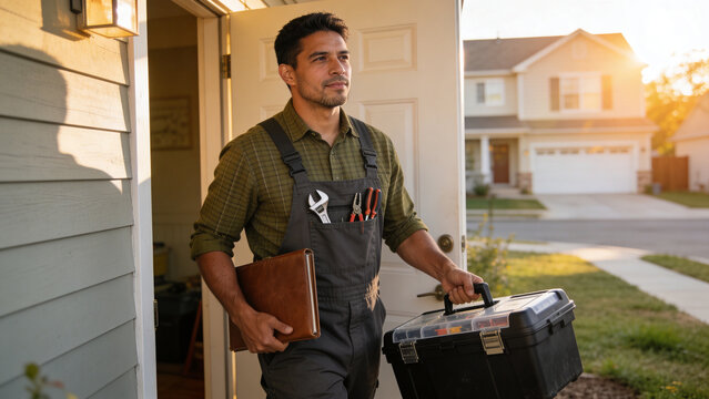 Man carrying toolbox and notebook leaves house in early evening light in a suburban neighborhood