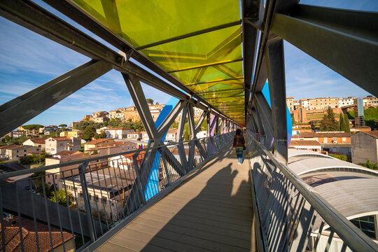 suspended pedestrian tunnel in the historic center of Peccioli, Pisa, Italy