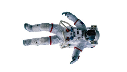 Full Astronaut Suit Floating in Space with White Helmet and Red Accents © Miguel