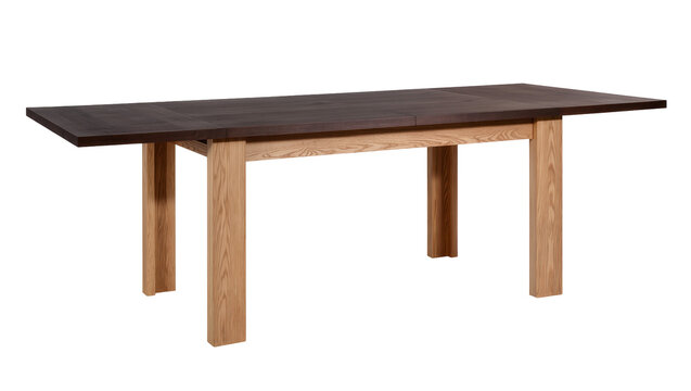 Dark brown expandable wooden dining table with light oak legs