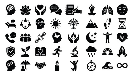 Fototapeta premium Mental Health and Wellness Glyph Icon Set for Therapy, Mindfulness App, Healthcare and Self Care Campaigns