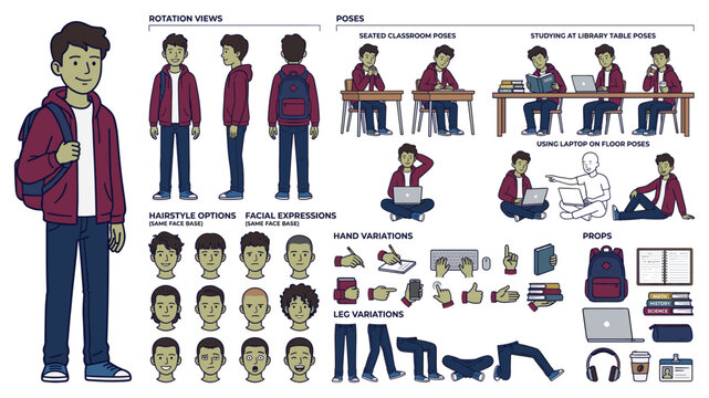 Cartoon Teenage Boy Character Constructor Sheet with Poses, Expressions and Accessories for Animation Design