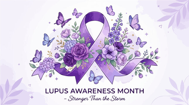 Elegant Purple Ribbon with Butterflies and Flowers for Lupus Awareness Month, Symbolizing Strength and Hope