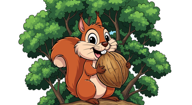 A cute cartoon squirrel holding a nut stands under a green tree on a white background, conveying a playful mood with vibrant colors.