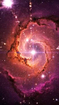 A vibrant spiral glows with intense light and colorful cosmic dust clouds in the deep darkness of outer space