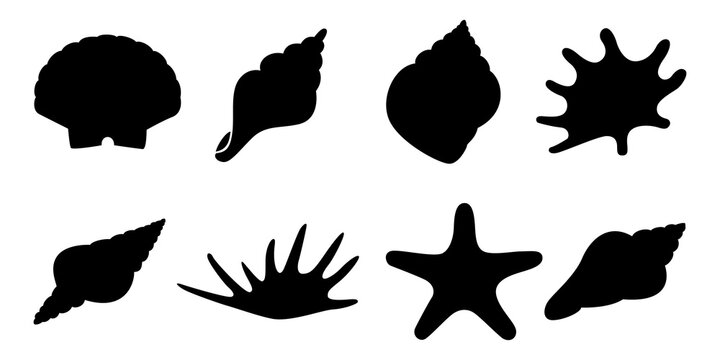 Collection of black silhouette seashells and starfish  on transparent background.