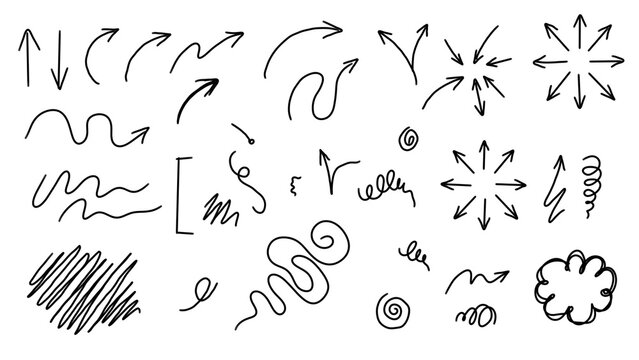Hand drawn arrow doodle set with various pointer shapes for directional design elements