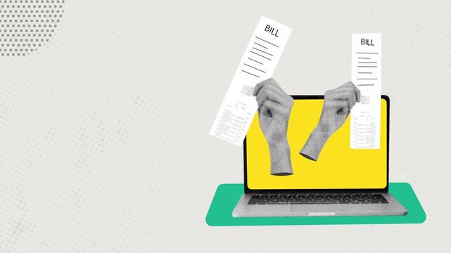 Contemporary art collage depicting a hand holding bill check or invoice for payment