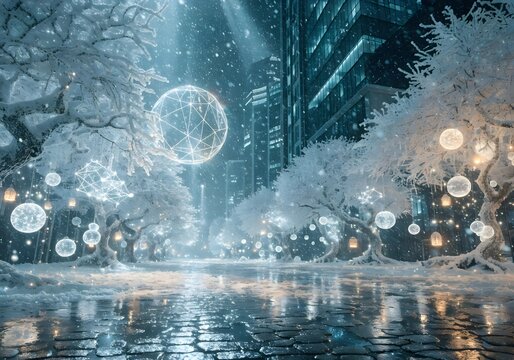 A futuristic winter street scene with glowing holographic decorations, icy cobblestones shimmering under neon lights, and crystalline trees covered in fros
