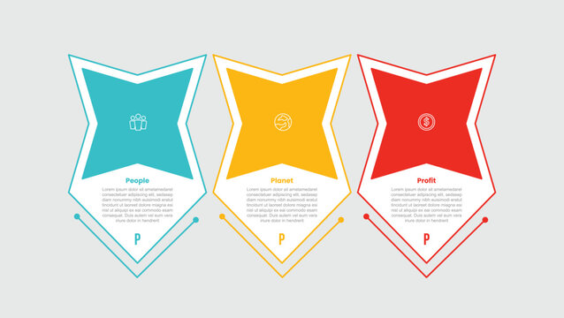 3P sustainability infographic template with star shape with arrow bottom direction with 3 points information flat style