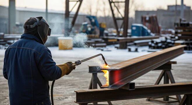 Male Industrial Welder Using Oxy-Fuel Torch on Steel I-Beam in Winter Construction Yard