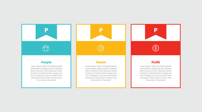 3P sustainability infographic template with rectangle box table with ribbon badge on top with 3 points information flat style