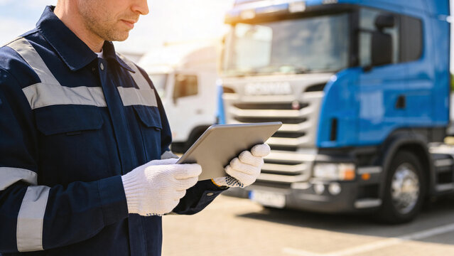 Worker using a tablet in front of a blue truck at a transport facility during daylight hours