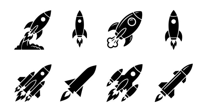 Rocket ship icons set, black spaceship vector, 8 startup launch symbols