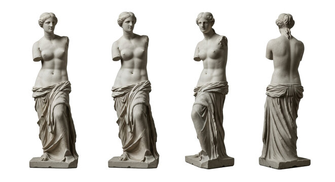 high-contrast composite view of an ancient greek marble statue, resembling venus de milo, showing weathered texture and intricate drapery against a white background, Concept of historical classical