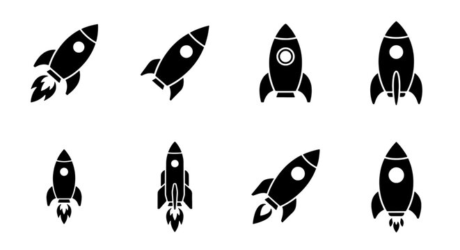 Rocket ship icon set, black spaceship vector, 8 launch shuttle symbols