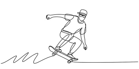A continuous line drawing of a young skater performing a trick while riding on his skateboard © Sojib