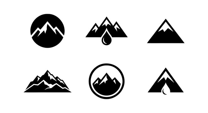 Mountain logo set, 6 minimalist peak icons, black outdoor nature symbols