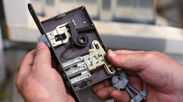 Person hands holding an open door lock mechanism with keys to show its internal structure and components.