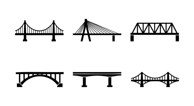 Bridge icon set, black suspension and truss bridge vectors, 6 elements