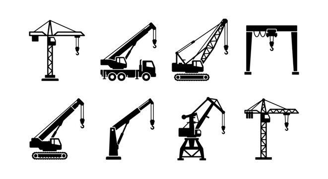 Industrial crane icons, construction machinery set, 8 lifting equipment vectors