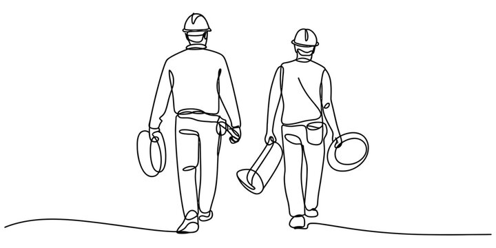 A single continuous line drawing of two construction workers walking away with their tools in hand