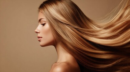 Naklejka premium Elegant woman with flowing blonde hair in profile, showcasing healthy shine and volume