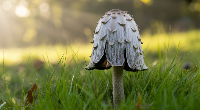 Close up of a shaggy ink cap mushroom standing in a grassy meadow with soft golden hour lighting