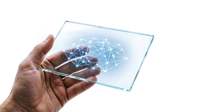 A hand holding an ultra-thin glass tablet projecting a 3D holographic mining pool connection diagram.