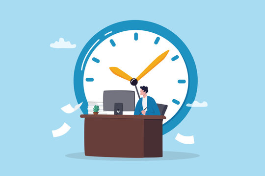 Office hour, employee time clock system, stress time to finish work within deadline timer, schedule or appointment reminder, businessman working at office desk with time clock as late office hour.