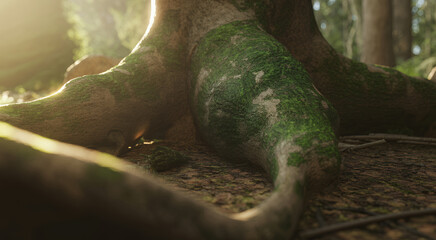 Obraz premium Close up of tree roots covered in green moss on forest floor with soft golden sunlight filtering in
